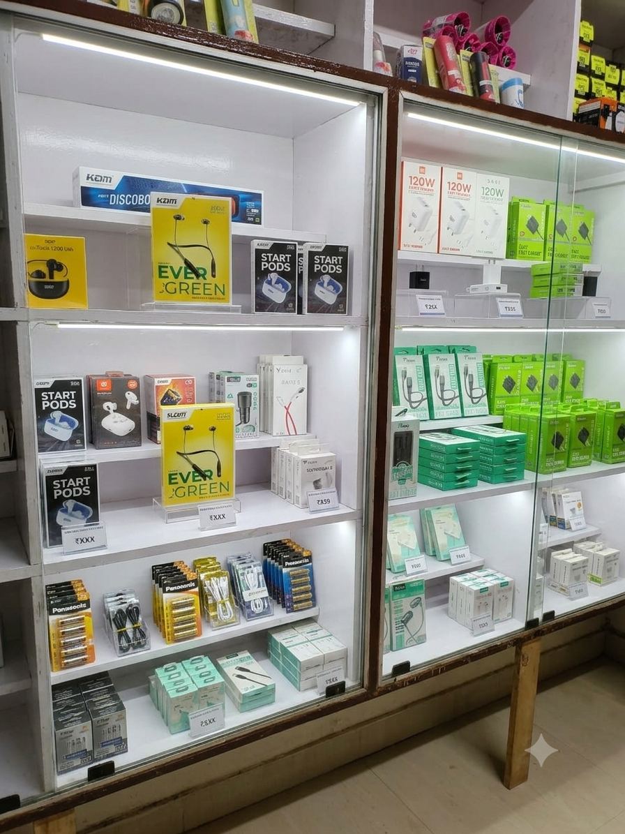 Glass display case of earbuds, chargers and cables