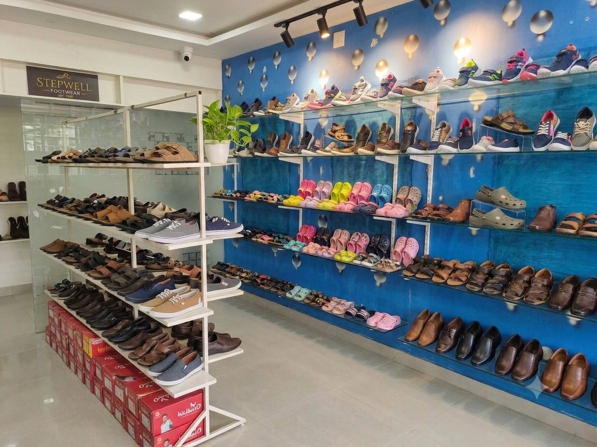 Footwear display with formal shoes and kids sandals