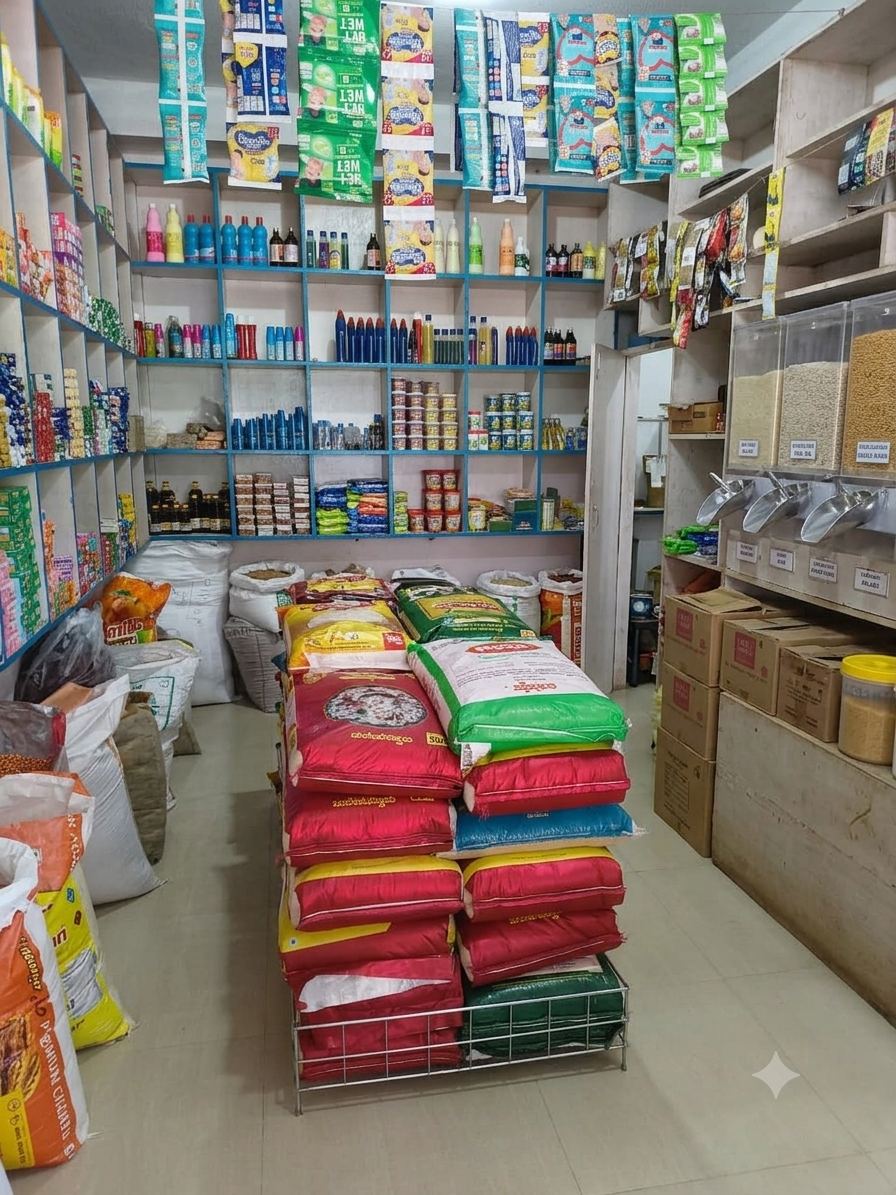 Grocery shelves with oils, spices and packaged goods