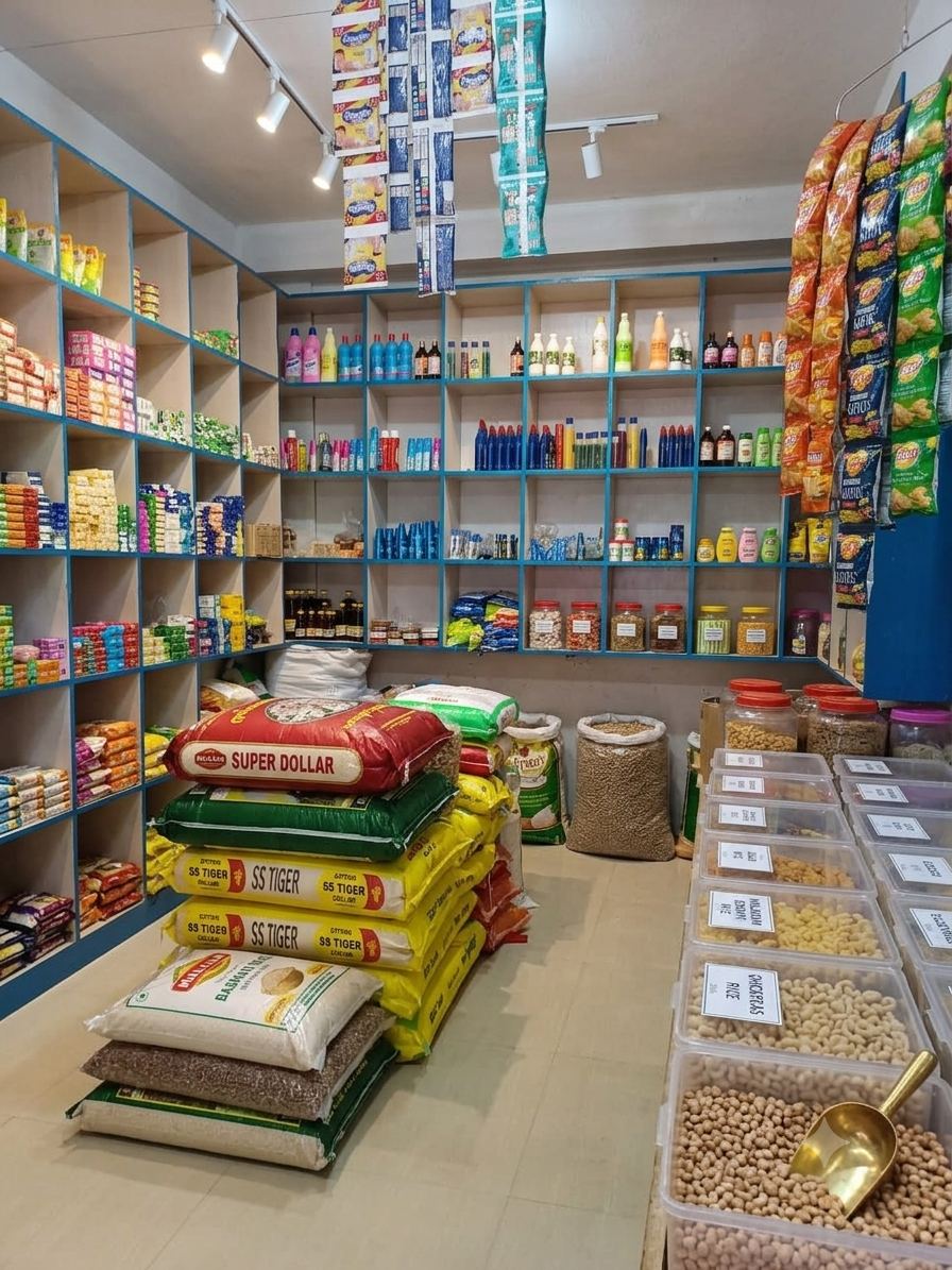 Sacks of rice and pulses stacked on the store floor